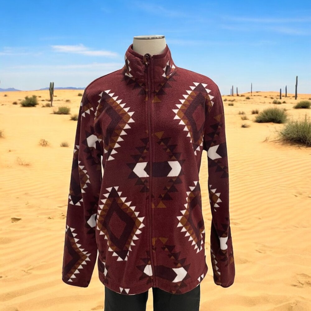 Womens S Full-Zip Fleece Jacket Aztec‎ Tribal Print Maroon Cozy Winter Boho Chic